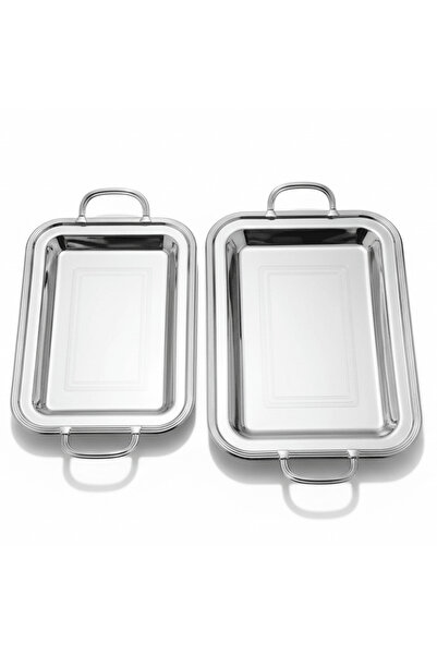 AKDC Najib 2-Piece Rectangular Silver Stainless Steel Serving Tray Set with G...