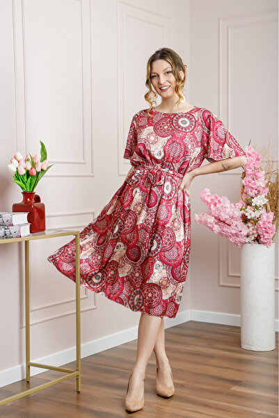 OEM Rochie magenta cu imprimeu mandala și mâneci cu volane