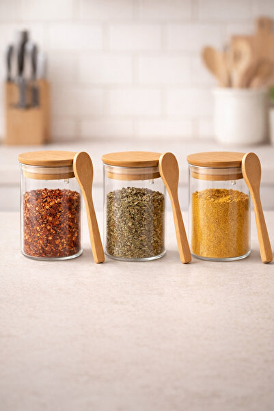 Kitchen Way Bamboo 300ml Jars with Lids, Handles, and Spoons, Set of 3 with S...