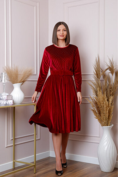 OEM Rochie elegantă din catifea bordo cu strasuri și curea în talie