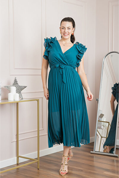 OEM Rochie turcoaz cu pliuri cu volane și șnur în talie