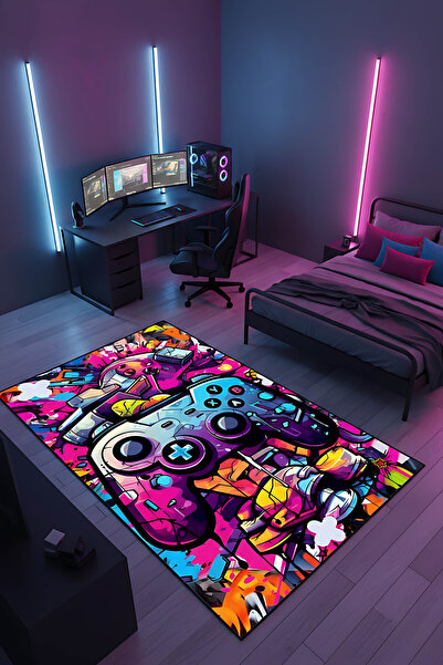 Pixel Dizayn Genç Odası Halısı Joystick Graffiti Temalı Kaymaz Dot Taban Deko...
