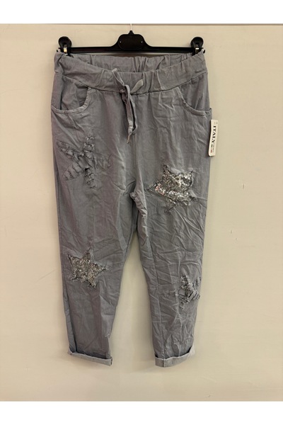 della moor Women's Gray Italian Star D Patterned Sequined Elastic Waist Lace-...