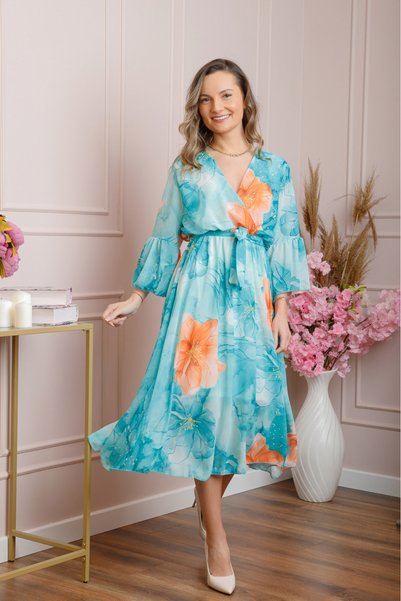 Generic Brand Rochie eleganta Adaline din voal turcoaz deschis cu imprimeuri ...