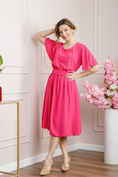 OEM Cyclamen pink dress with short sleeves and waist belt