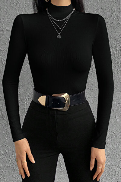 MİO ESTİLO Women's Corded Fabric Look Slim Fit Body-Fitting Half Fishneck Collar