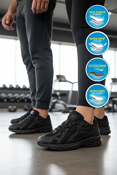 WALKWAY Pantofi sport unisex din plasă neagră ușor elastic talpă din spumă cu...
