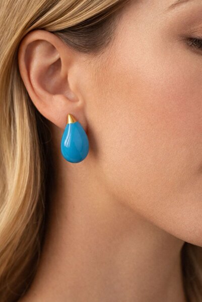 Vinlora Design Blue Drop Earrings Elegant Design Gold Detailed Nail Model Wom...