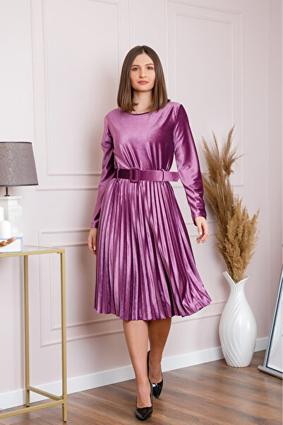OEM Elegant purple velvet dress with waist belt
