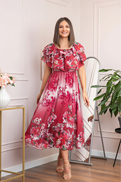 OEM Elegant dress with voluminous ruffles and red floral print