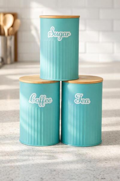 decorev Bambu Kapaklı Metal Çay Kahve Şeker Kavanoz Seti