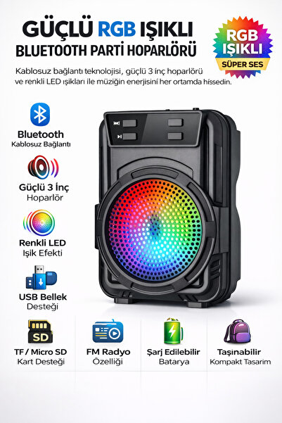 OWWOTECH Mini Bluetooth Hoparlör Taşınabilir RGB Işıklı FM Radyo USB TF Deste...
