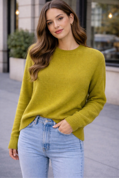 RTD&VLD Kadın Vita-260 Maviş Bisiklet Yaka Basic Triko Kazak Zeytin Yeşili