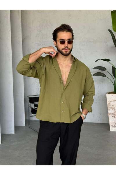 FO4RBS Krinkıl Kumaş Oversize Gömlek - Yeşil