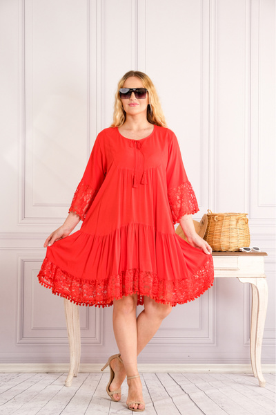 OEM Red midi boho-chic dress with lace appliqué and ruffles