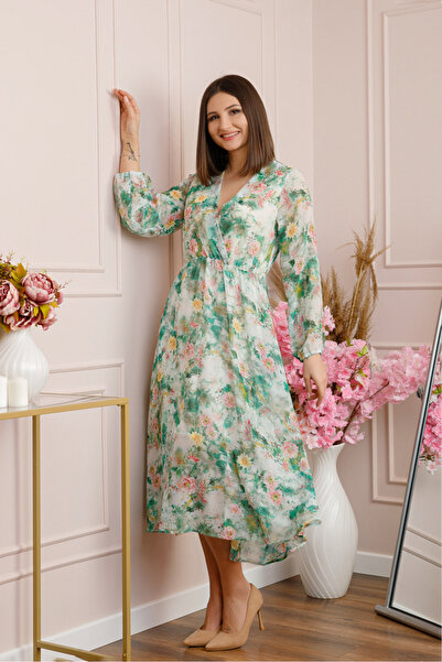 OEM Rochie Carrie din voal cu imprimeu floral verde mint