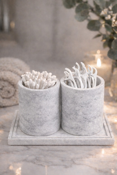 Lethe Design Banyo Organizer Seti Tepsili – Kulak Çubuğu ve Diş İpi Kabı Deko...