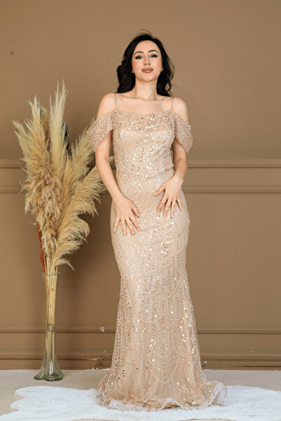 BEYBOS Full Beaded Fabric Boat Neck Fish Evening Dress - Gold