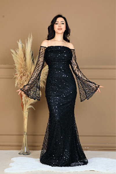 BEYBOS Βραδινό φόρεμα με λαιμόκοψη βάρκα από ύφασμα με πλήρη χάντρες - ΜΑΥΡΟ