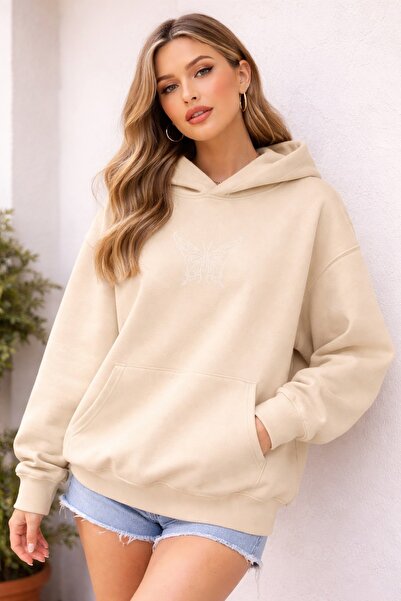 ZAVIXO -Unisex Lines with Stones Printed Butterfly Sweatshirt 3 Threads Compa...
