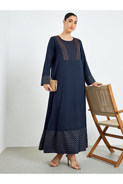 Amirah By Styli Navy Blue Geo Foil Print Jalabiya