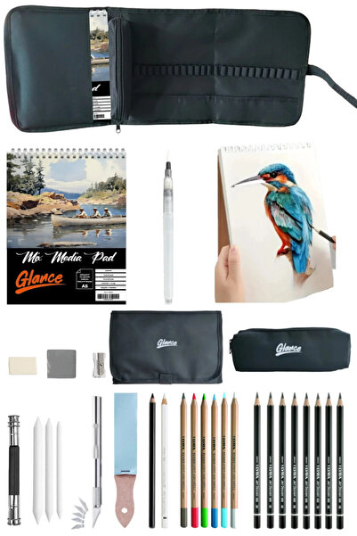 GLANCE Karakalem Eskiz Seti 28 Parça + Eskiz Defteri A5 200 gr 20 Yaprak Set