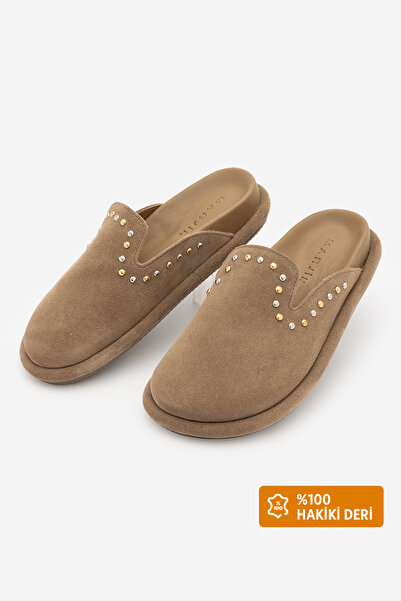 Marjin Kadın Hakiki Deri Zımbalı Troklu Sabo Günlük Terlik Sufite Camel Süet