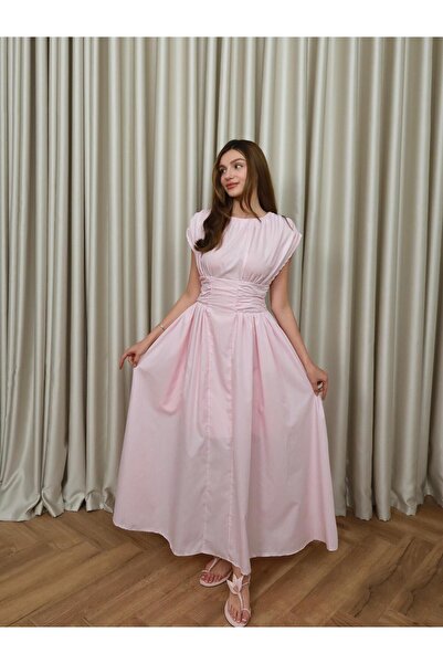 lallure design PEMBE VİNTAGE ESİNTİLİ DRAPELİ ELBİSE