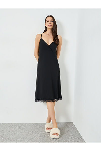 Styli Black Lace Trim Cross Over V Neck Slip Dress