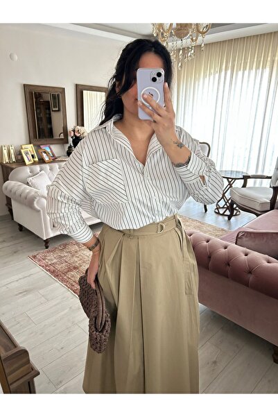 POİSE Boyuna Striped White Cotton Oversized Shirt
