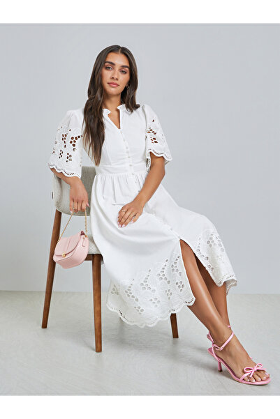 Styli White Cotton Schiffli Midi Dress