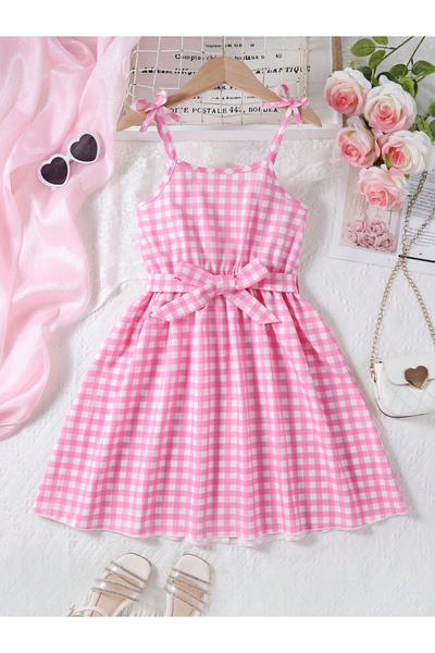 Take Two By Styli Girls Pink Gingham Strappy Dress