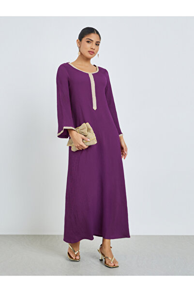 Amirah By Styli Purple Lace Panel Textured Jalabiya