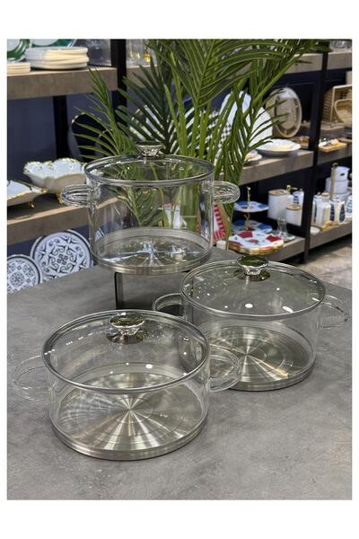 Doğudeko İndüksiyon Tabanlı 3 Lü Cam Tencere Takımı