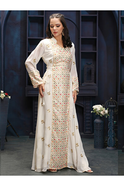 Maxim Creation By Styli جلابية مطرّز باللون الكريمي بتطريز المرايا