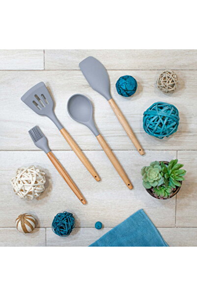 Smart Kitchen 4-piece silicone cooking spoon and basting brush set with woode...