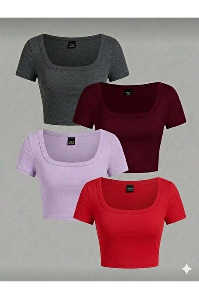MİLYA&GYM Pachet de 4 tricouri crop din bumbac, cu guler pătrat, mulat pe cor...