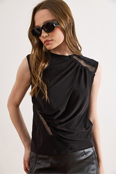 Olalook Γυναικεία Μαύρη Μπλούζα με Διπλό Στρώμα και Δαντέλα Λεπτομέρειες BLZ-...