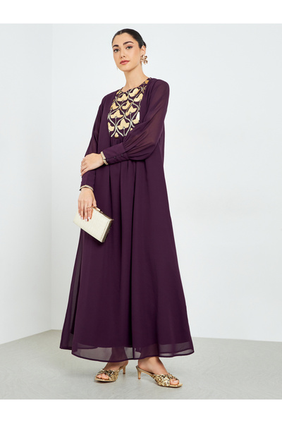 Amirah By Styli Purple Chiffon Sequin Yoke Jalabiya