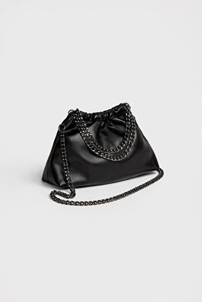 Çantacımstore Women's Drawstring Chain Mini Leather Bag Black