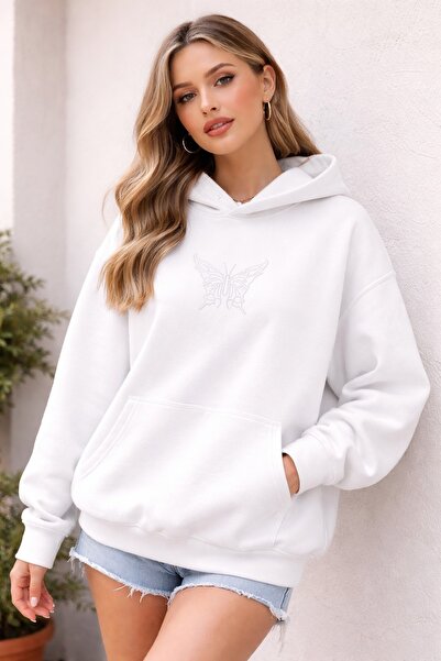 ZAVIXO -Unisex lines with stones cu imprimeu butterfly Sweatshirt 3 iplik com...