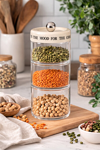 FBA Home Decor 3 Katlı Cam Kavanoz – Kapaklı Mutfak Saklama Kavanozu