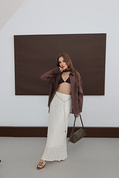 roea Zincir Detaylı Astarlı Dantel Etek Ekru