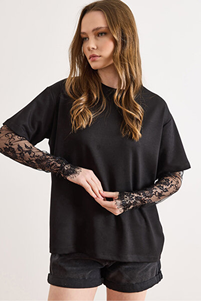 Olalook Tricou negru pentru femei cu dantelă cu secțiuni modal chei și lejer ...