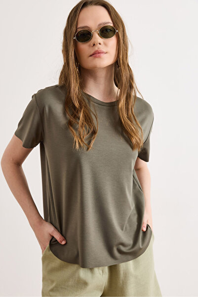 Olalook Women's Khaki Altı Oval Drapey Modal Button T-Shirt Tsh-19000957