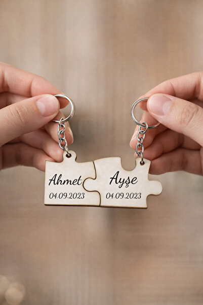 cekud tasarım baskı Kişiye Özel İsimli 2'li Puzzle Anahtarlık – Çiftlere Özel...