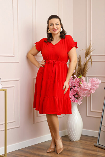 OEM Rochie eleganta Rosalie cu volane si cordon in talie - Rosu