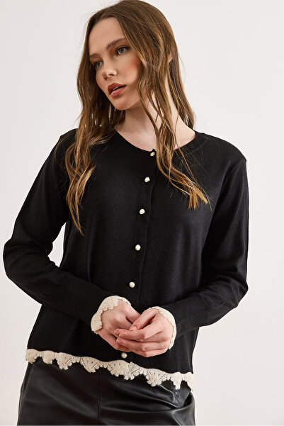 Olalook Women's Black Lace Detailed Fine Knit Cardigan Hrk-19000489