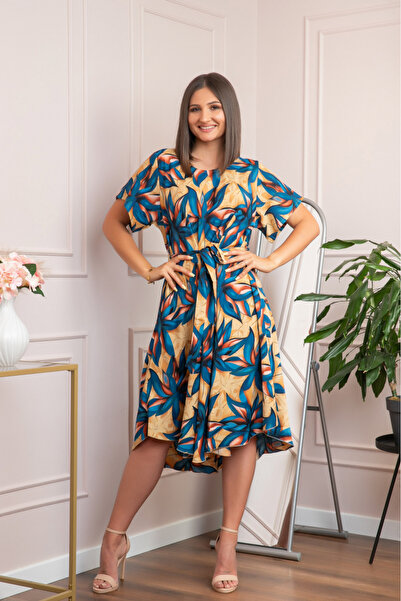 OEM Rochie eleganta Olive cu imprimeu exotic turcoaz
