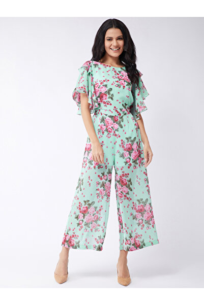 Zima Leto By Styli Green Floral Print Frill Sleeves Jumpsuit